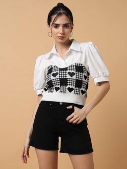 SHOWOFFFF - Women Black Printed Shirt Style Top