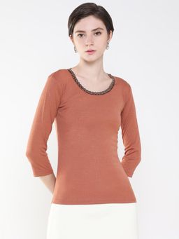SHOWOFFFF - Women Embellished Brown Fitted Top