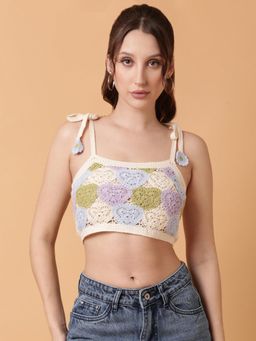 SHOWOFFFF - Women Blue Self Design Crochet Crop Top
