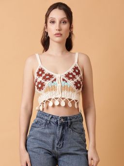 SHOWOFFFF - Women Brown Self Design Crochet Crop Top
