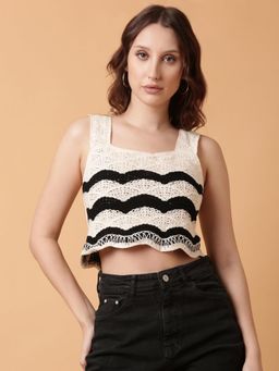 SHOWOFFFF - Women Cream Self Design Crochet Crop Top