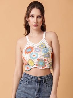 SHOWOFFFF - Women White Self Design Crochet Crop Top