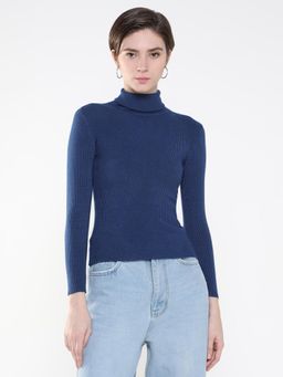 SHOWOFFFF - Women Solid Navy Blue Fitted High Neck Top