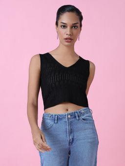 SHOWOFF - Women Black Solid Crochet Crop Top