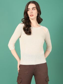 SHOWOFF - Women Beige Solid Three Fourth Sleeves Fitted Top