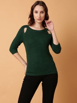 SHOWOFF - Women Green Solid Three Fourth Sleeves Fitted Top