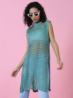 SHOWOFF - Women Sea Green Self Design Crochet Longline Top