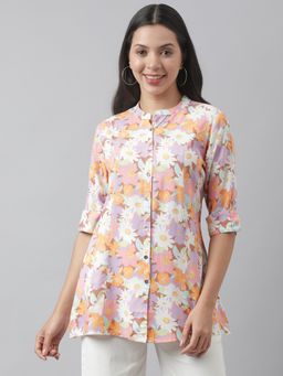 Divena - Multi-color Floral Printed Rayon A-Line Shirt Style Top