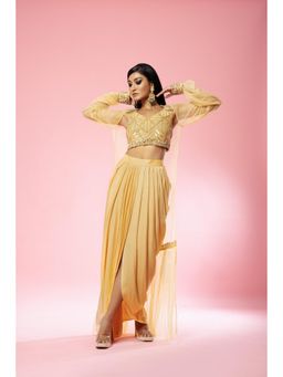 Quench A Thirst - Golden Hand-Embroidered Dhoti with Blouse and Cape