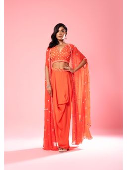 Quench A Thirst - Orange Dhoti and Blouse Co-Ord with Cape