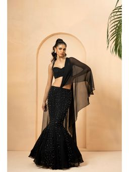 Quench A Thirst - Black Embroidered Fishtail Lehenga with Blouse and Drape Dupatta