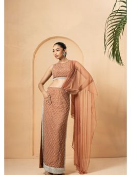 Quench A Thirst - Beige Embroidered Pre-drape Saree with Stitched Blouse