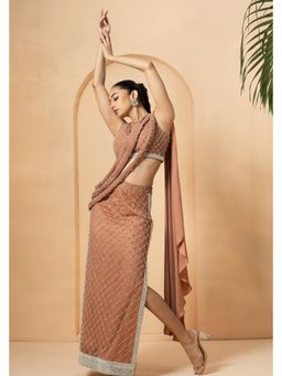 Quench A Thirst - Beige Pre-drape Saree with Stitched Blouse