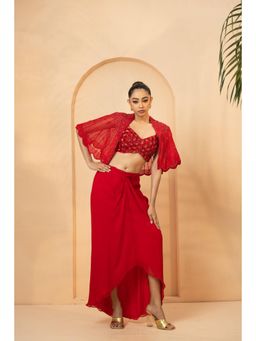 Quench A Thirst - Red Embroidered Blouse with Dhoti Skirt and Cape