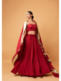 Quench A Thirst - Red Sleeveless Blouse with Lehenga and Zari Dupatta