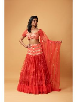 Quench A Thirst - Red Ruffle Lehenga with Blouse and Organza Dupatta