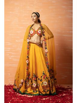 Quench A Thirst - Yellow 3D Lehenga with Applique Embroidery Blouse and Dupatta