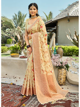 Sangam Prints - Cream Cotton Woven Work Traditional Tassel Saree with Unstitched Blouse