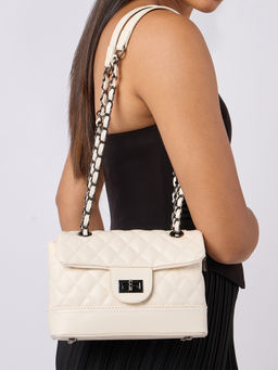 Twenty Dresses by Nykaa Fashion - Off White Quilted Rectangular Adjustable Sling Strap Shoulder Bag