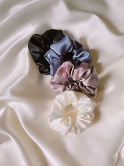Mueras - Solid Satin Scrunchies Ivory White, French Lavender, Magnetic Blue, Black (Pack of 4)