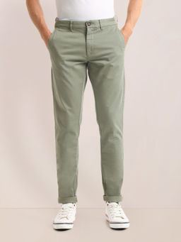 U.S. POLO ASSN. - Solid Green Cotton Slim Fit Casual Trouser