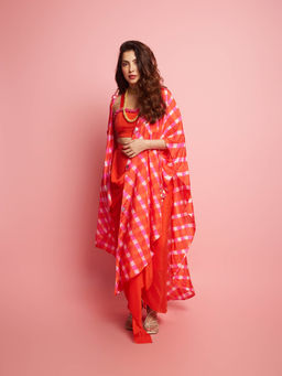 PINK CITY BY SARIKA - Leheriya Cape with Draped Skirt (Set of 3)