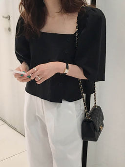 Outzidr - Black Square Neck Side Button Down Top