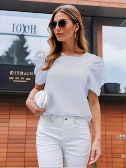 Outzidr - Grey Half Puff Sleeves Top