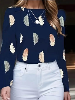 Outzidr - Navy Blue Printed Puff Sleeves Top