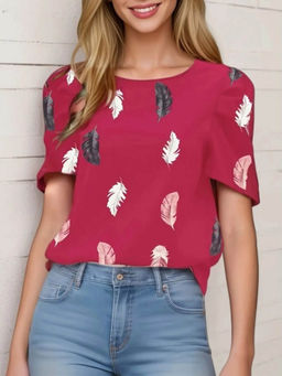 Outzidr - Pink Half Puff Sleeves Printed Top