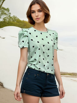 Outzidr - Green Half Puff Sleeves Printed Top