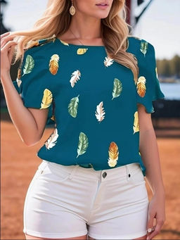 Outzidr - Dark Green Half Puff Sleeves Printed Top