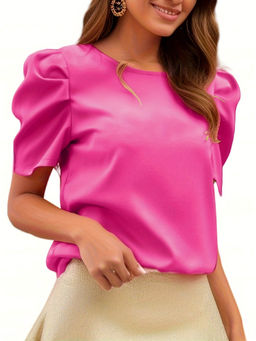Outzidr - Half Puff Sleeves Pink Top