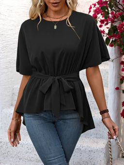 Outzidr - Black Waist Cinched Asymmetrical Hem Top