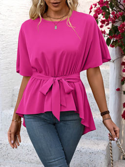 Outzidr - Pink Waist Cinched Asymmetrical Hem Top