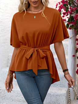 Outzidr - Orange Waist Cinched Asymmetrical Hem Top