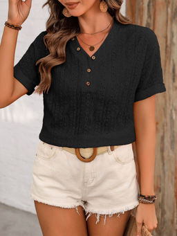 Outzidr - Black V-Neck Sleeves Shirt Style Top