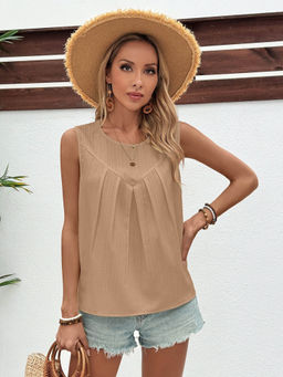 Outzidr - Khaki Round Neck Front Pleated Top