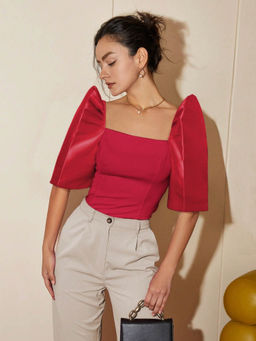 Outzidr - Red Puff Sleeve Square Neck Top