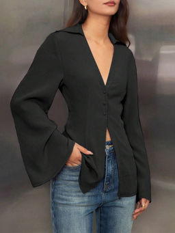 Outzidr - Black V-Neck Long Sleeve Shirt