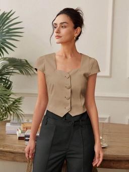 Outzidr - Beige Front Button Top