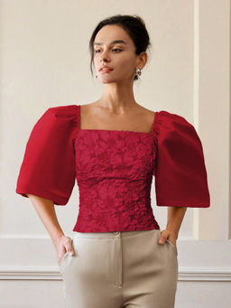 Outzidr - Red Floral Textured Fitted Top