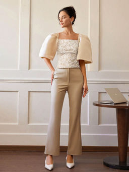 Outzidr - Beige Floral Textured Fitted Top