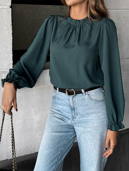 Outzidr - Green Full Sleeved Ruffle Detail Top