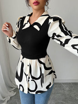 Outzidr - Black Printed Contrast Full Sleeved Top