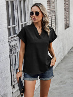 Outzidr - Black Mandarin Collared Blouse