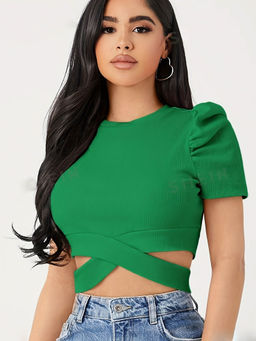 Outzidr - Green Puff Sleeved Criss Cross Button Top