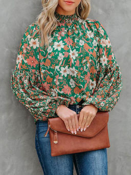 Outzidr - Green High Neck Printed Full Sleeved Top