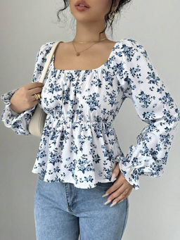 Outzidr - Blue Floral Printed Ruffle Top