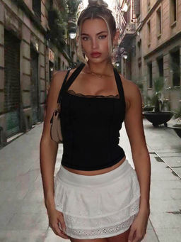 Outzidr - Black Halter Neck Lace Top